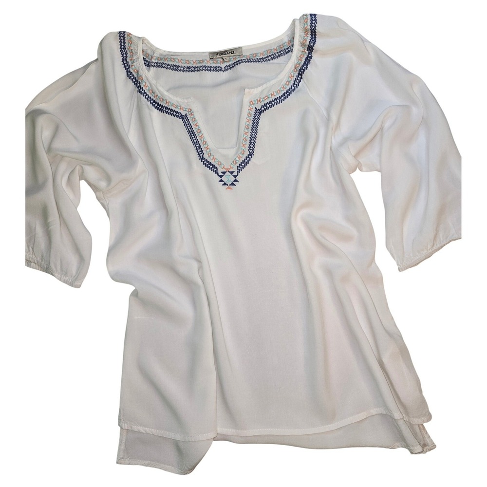 Natura Womens White Embroidered V-Neck Boho Blouse Top Size Large aztec